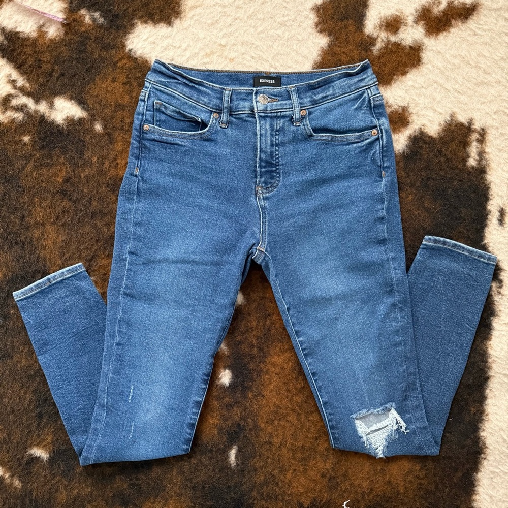 Express Dark Wash Mid-Rise Ripped Skinny Jeans